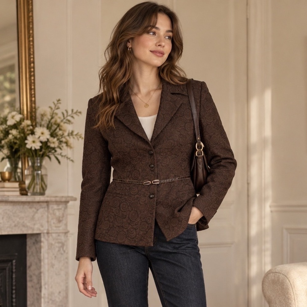 Liz Claiborne Blazer Women 12 Chocolate Brown Rose Jacquard Buckle Dark Academia